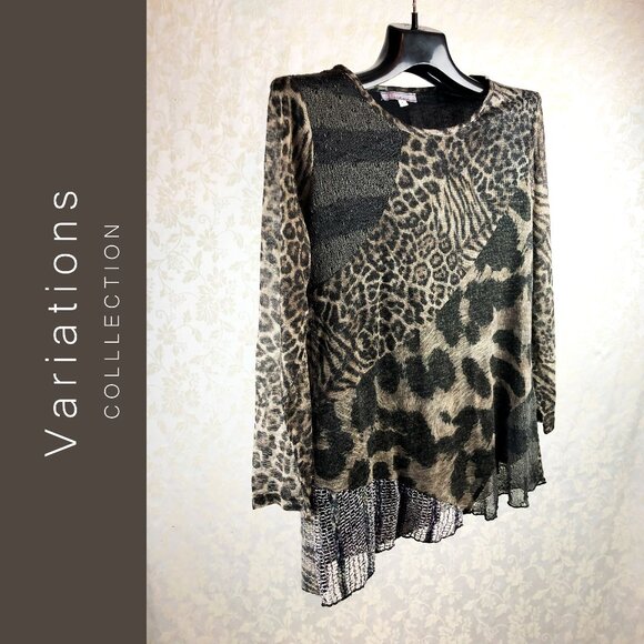 Animal Print brown Multi textured Variations Long sleeve extra long top lined - Picture 1 of 4